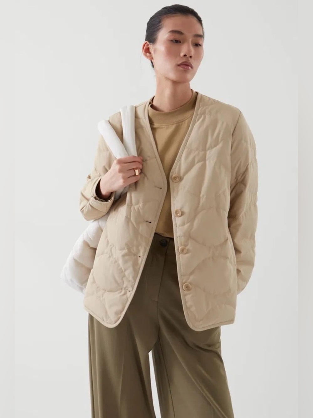 COS Padded Liner Jacket Beige Quilted V Neck Collarless Button Front Small